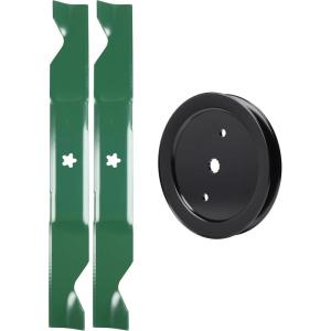 imageUDC Parts Pulley 195945  2 Pack Blades 405380  Fits Husqvarna 2146XLS 2246LS 2346XLS RZ4219 TS146TXD TS146X TS146XD TS146XK TS146XKD TS246 TS346 YT46LS YTA1946 YTA20V46 YTA22V46 YTH1846 YTH18K46