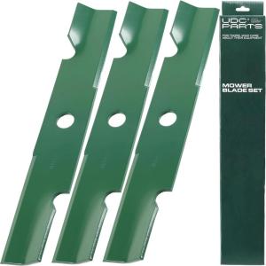 imageUDC Parts UC22009 Mower Blades Replacement for John Deere 48 Inch 325 335 345 M145476 M127500 M127673 X300 X304 X310 X500 X540 X570 X580 X584 GX255 GX325 GX335 Ztrak ZeroTurn Z325E  3 Pack High Lift1036401